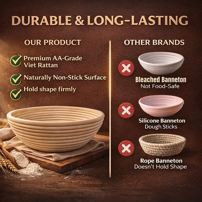 Banneton Sourdough Bread Proofing Basket, Premium AA-Grade, 9 Inch for Round, Boules Loaves, Vietnamese Banneton with Cloth Cover, Bread Lame Holder with 5 Blades