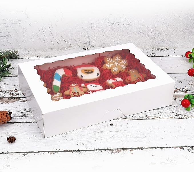 Tcoivs 20-Pack Bakery Boxes with Window, 12" x 8" x 2.5", Large White Cookie Boxes, Auto-Popup Treat Boxes for Pies, Cakes, Muffins, Donuts and Pastries