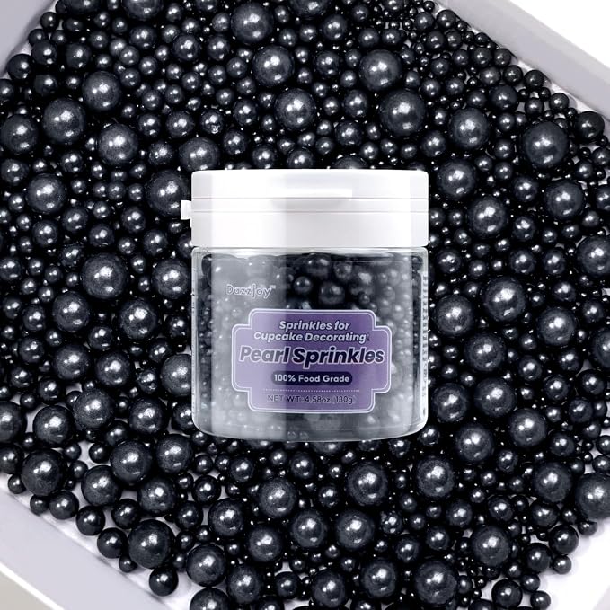 Dazzjoy Edible Black Sugar Sprinkles, Pearl Candy Sprinkles for Cake Decorating, Food Grade, Cupcake Toppers and Black Cake Decorations, Wedding Party Valentines Supplies(130g/4.58oz)