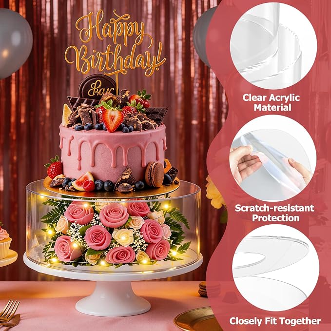 SAMYUCHO Acrylic Cake Stand with Led Lights, 2 PCS Round Cake Riser | 6"Dx4"H 10"Dx4"H, Tight Lid Design, DIY Decoration, Reusable Clear Display Cake Tier, For Party Wedding Holiday