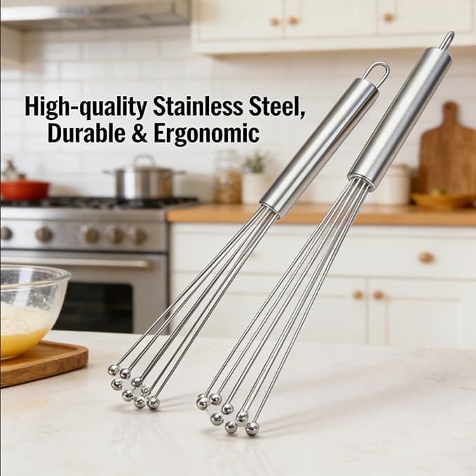 Whisk Set, Stainless Steel Ball Whisk Kitchen Tools Ideal for Cooking, Blending, Whisking, Beating & Stirring