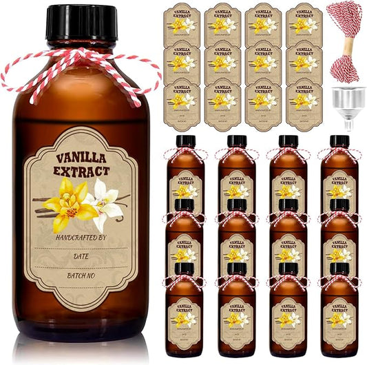 12 Pack Amber Glass Vanilla Extract Bottles 2 oz with Lids, 12 PCS Vanilla Extract Labels and Funnel, Glass Boston Vanilla Bottles for Syrup Gift, Jars Glass Bottles for Vanilla Extract