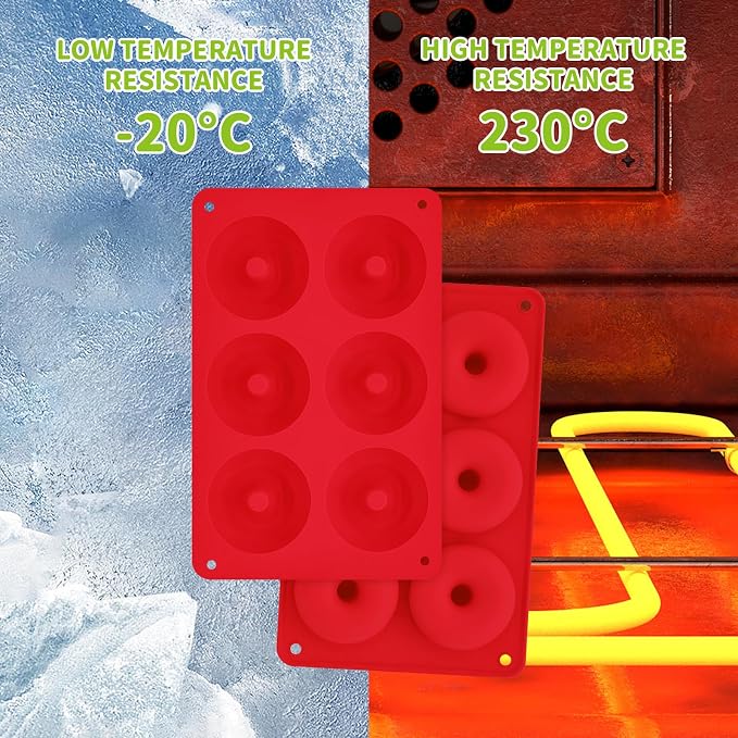 2er Pack Silicone Donut Mold - Non-Stick Silicone Doughnut Pan DIY Chocolate Baking Cookie Molds, Heat Resistant, Make Donut Cake Biscuit Bagels, BPA Free Dishwasher Safe (red, 6 Cavities)