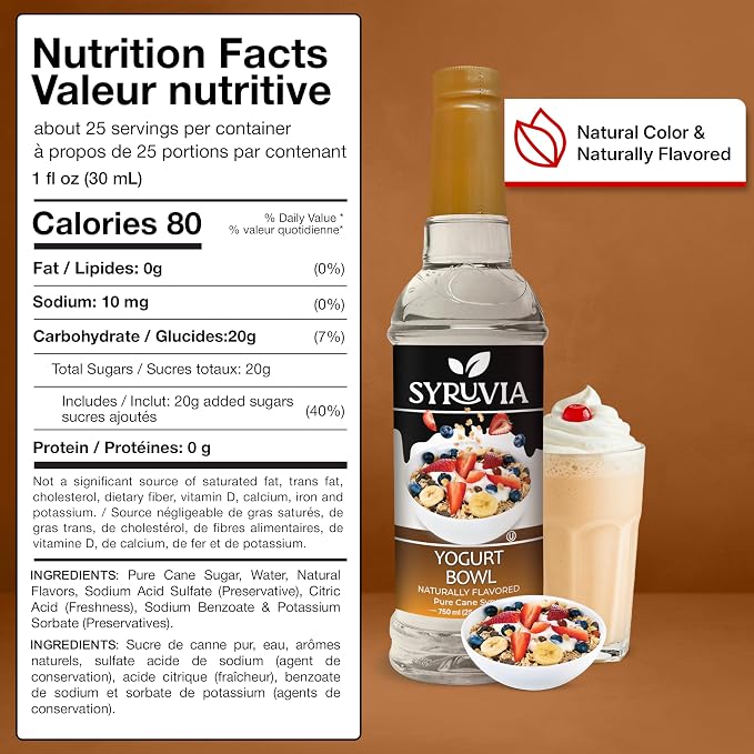 Syruvia Yogurt Bowl Syrup, Naturally Flavored Syrup for Smoothies, Drinks, Lemonades, Iced Teas, and Desserts – 25.4 fl oz - with Pump