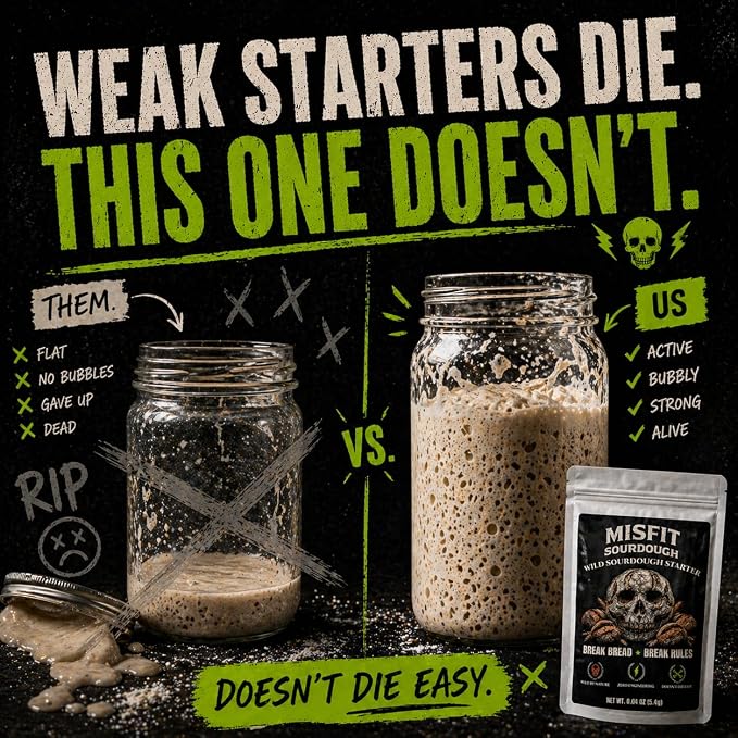 Misfits Sourdough Wild Sourdough Starter Culture – Dehydrated Live Active Wild Yeast Bread Starter for Homemade Artisan Bread Baking, Unbleached Flour, Reusable Fermented Baking Culture