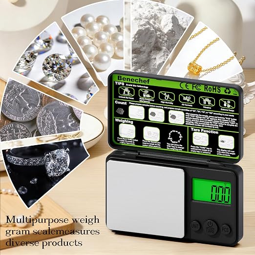 Mini Pocket Scale 500g x 0.01g, Digital Gram Scale with Green Backlit LCD, Tare & PCS Counting, Portable Jewelry Scale for Gold, Silver, Coins & Gems