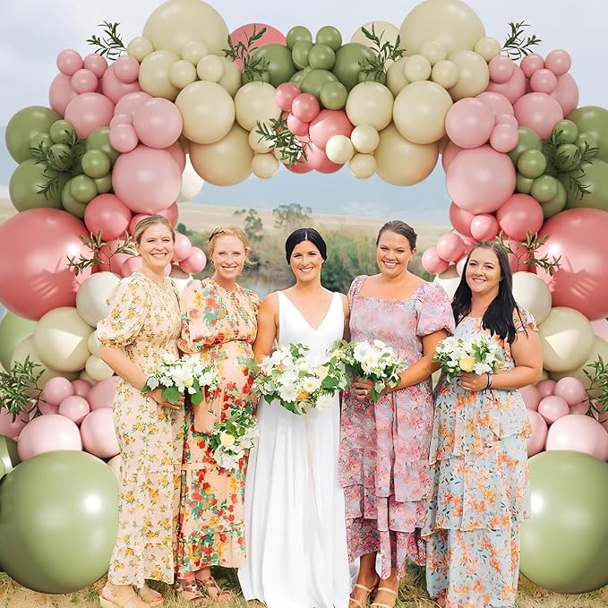 Sage Green Pink Yellow Pastel Balloon Arch Kit, 124Pcs Dusty Blush Macaron Yellow Sand White Pink and Green Balloons for Wildflower Baby Shower Wedding Bridal Birthday Gender Reveal Party Decorations