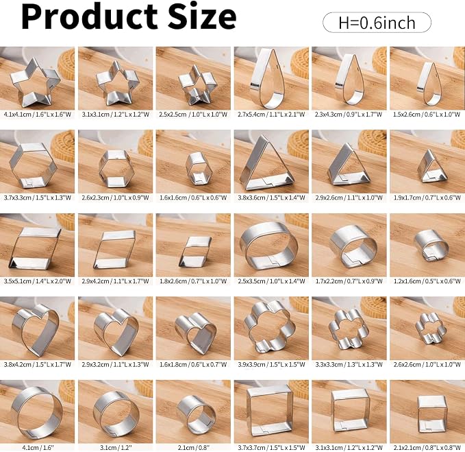 Mini Cookie Cutter Shapes Set - 30 Tiny Stainless Steel Stamps of Geometric Shapes Cookie Cutters-Heart Star Flower Round Square Hexagon Oval Diamond Biscuit Cutters