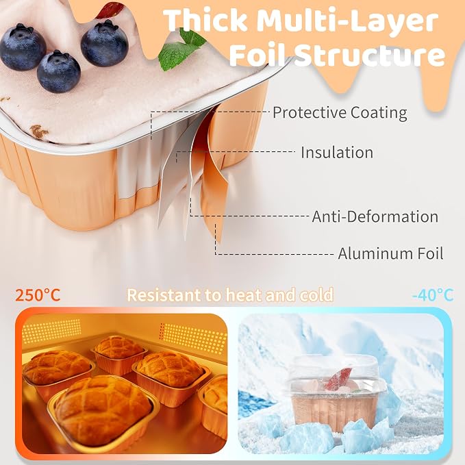 40 Pack 5 OZ Mini Cake Pans with Lids, Disposable Square Aluminum Foil Brownie Baking Cup, Mini Aluminum Foil Cupcake Muffin Tin Ramekins, Dessert Cake Containers for Wedding Birthday Party, Champagne
