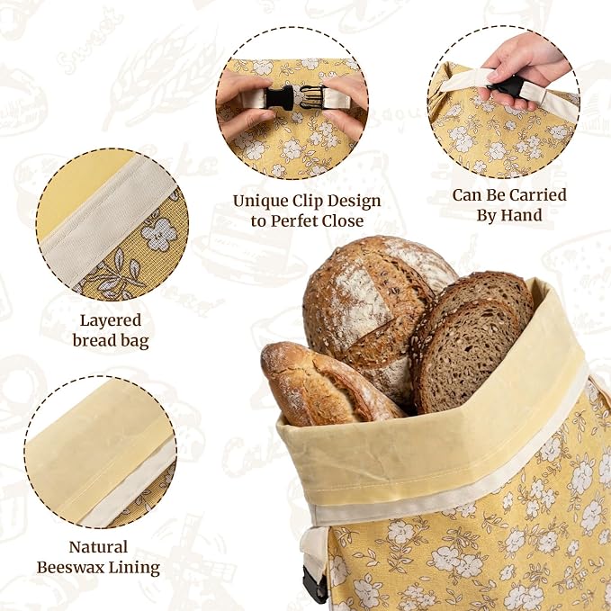 2 Pack Reusable Beeswax Bread Bags for Sourdough,Natural Linen Beeswax Bread Bag for Homemade Bread,Eco-Frendly Food Storage Cloth Bag to Keep Loaf Fresh.(Yellow)