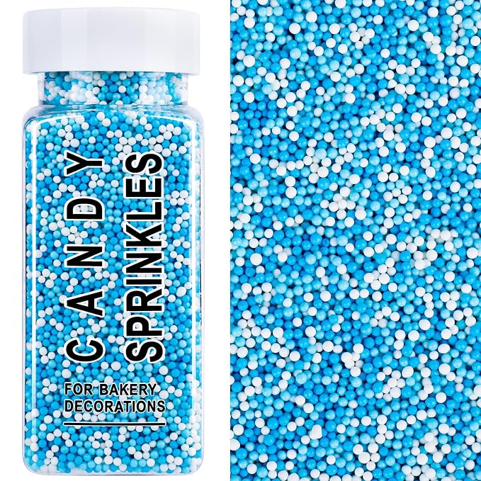 Frozen Winter Sprinkles, 2mm Blue White Nonpareils Sprinkles for Cake Decorating, 4.6oz Mini Edible Pearls for Baking, Cupcake, Cookie, Ice Cream Toppings, Ice Princess Themed Birthday Party Supplies
