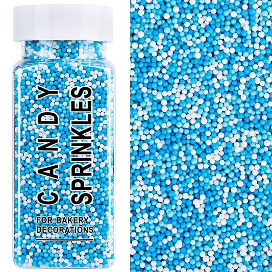 Frozen Winter Sprinkles, 2mm Blue White Nonpareils Sprinkles for Cake Decorating, 4.6oz Mini Edible Pearls for Baking, Cupcake, Cookie, Ice Cream Toppings, Ice Princess Themed Birthday Party Supplies