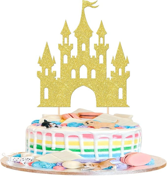 1 PCS Castle Cake Topper Glitter Princess Cake Topper Castle Theme Birthday Party Decorations Queen Castle Cake Pick for Princess Prince Birthday Baby Shower Party Cake Decorations Supplies Gold