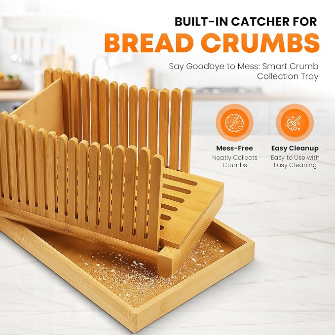 Bread Slicer for Homemade Bread, Foldable Bamboo Bread Cutter with Adjustable Thickness, Crumb Catcher Tray, and Non Slip Base – Sourdough & Loaf Slicer for Bakers
