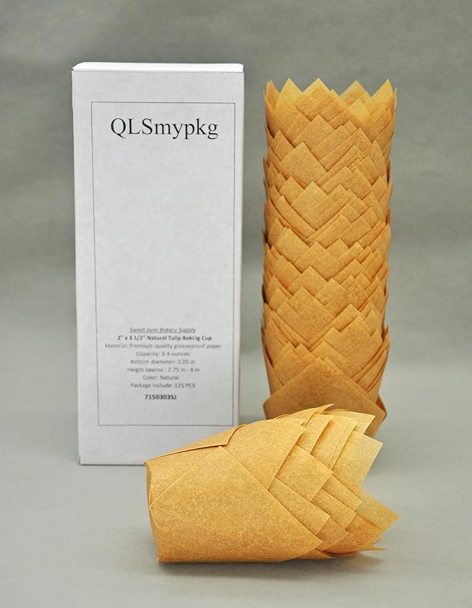 QLSmypkg Muffin Greaseproof paper Baking cupcake cups, 2" x 3 1/2" Natural Tulip Baking Cup Case of 125 pcs (125, Standard)