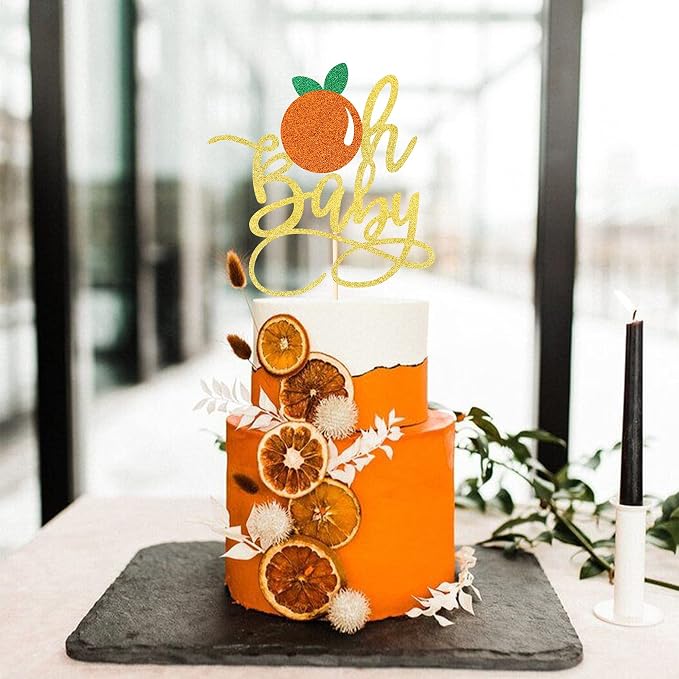 1 PCS Gold Oh Baby Cake Topper with Glitte Orange Little Cutie Cake Pick for Fruit Citrus Theme Gender Reveal Baby Shower Kids Birthday Party Decorations Supplies