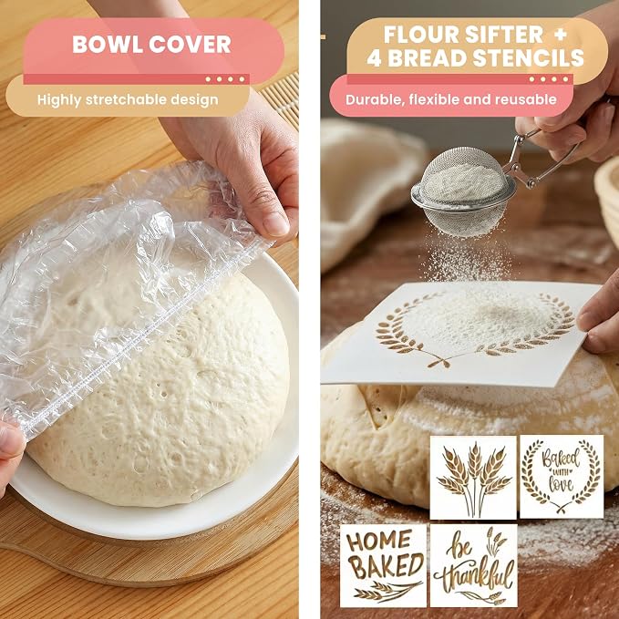 Complete Sourdough Starter Kit, Sourdough bread baking supplies, Great Gift Beginners Bread Makers 24oz Fermentation Jar 9" and 10" Silicone Banneton Bread Proofing Basket, sour dough Whisk,18 in 1