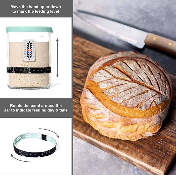 Premium Sourdough Starter Jar - 40oz Large Sourdough Jar with Marked Feeding Band, Scraper, Cloth Cover and Silicone Lid/Base, Wide Mouth Starter Kit - Mint