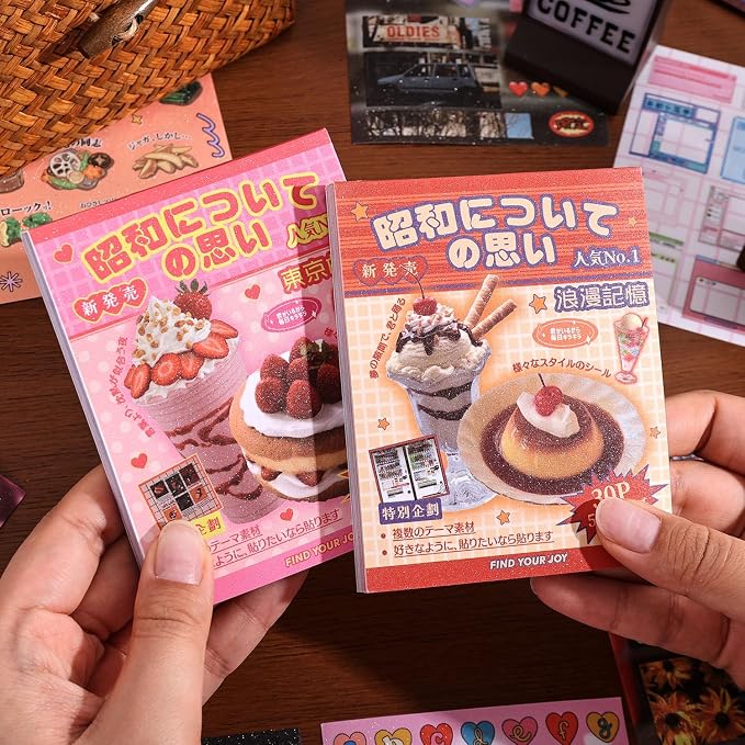 2PCS Girl's Japanese Retro Sticker Book, Food and Daily Life Theme - 500+ Cute Old Showa Style Foodie Stickers, for DIY Scrapbooking Journaling Handbook Decoration