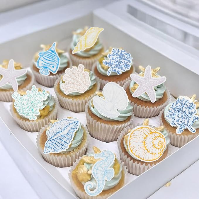 Gyufise 60Pcs Edible Seashell Cupcake Toppers Beach Sea Shell Party Decorations Edible Starfish Conch Coral SeaShell Cupcake Picks for Coastal Beach Baby Shower Birthday Party Supplies