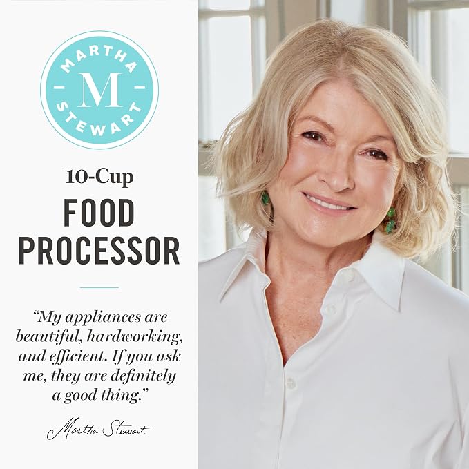 Martha Stewart Food Processor, 10-Cup Electric Chopper for Slicing, Shredding, Mincing and Puree, BPA-Free Twist & Lock Bowl, 3 Multipurpose Blades, Variable Speed Dial, Wide Feed Chute, Linen Cream