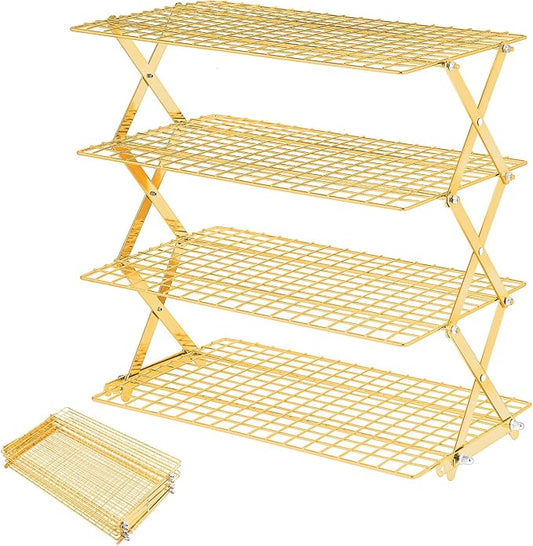 Pleafind 4 Tier Gold Collapsible Cooling Rack - 3 Setting Design, Adjustable ＆ Stackable Baking Rack, 5 Modes Cooling Racks for Cooking and Baking, Roasting ＆ Grilling Gifts for Picnic Party