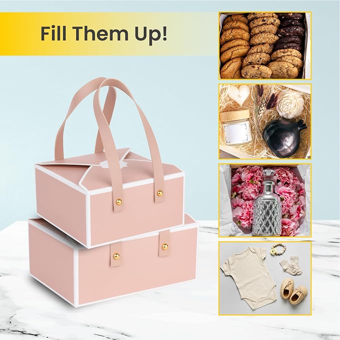 Hammont Cookie Boxes for Gift Giving - 4 Pack of Bakery Boxes, Easy to Assemble Decorative Cardboard Luxury Box with Faux Leather Handle Jewelry, Chocolate and Candy 5x7x3 Inches (Pink) (HM1781)