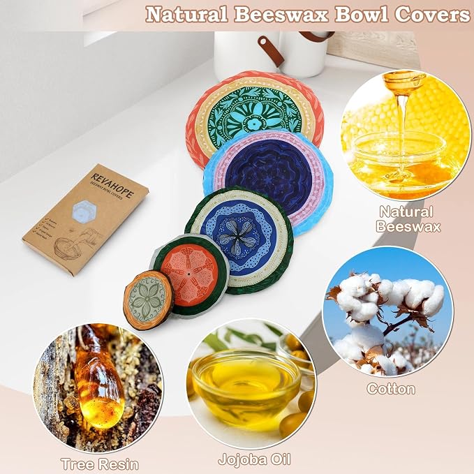 5-Size Reusable Beeswax Bowl Covers for Bread Proofing, Cotton Cloth Flexible Beeswax Wraps for Food Storage(Colorful Concentric Circle)