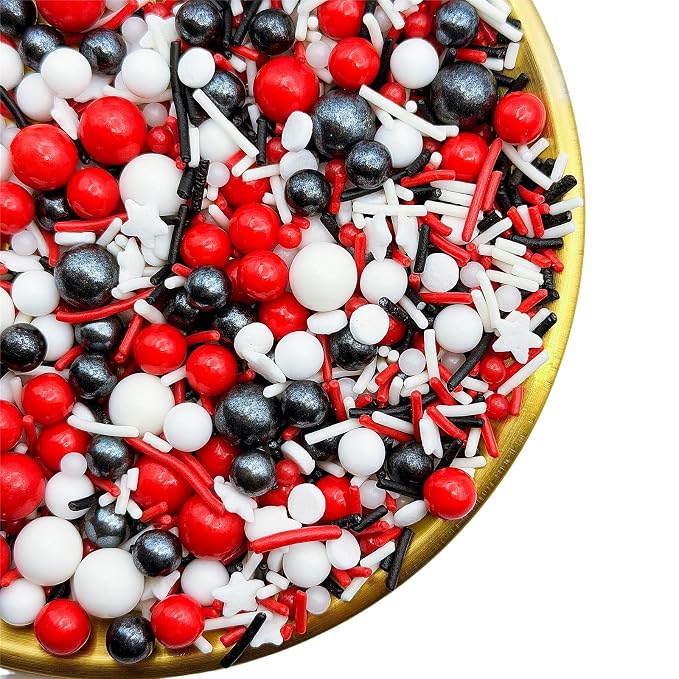 CandiJumpin Black White and Red Pearl Sprinkles, Edible Pearls and Jimmies Mix Red White and Black Sprinkles Crunchy Jimmies Edible Pearls for Cake Decorating Halloween Pearl Decoration for Baking Baby Shower Party Birthday Wedding Christmas Supplies 3 OZ