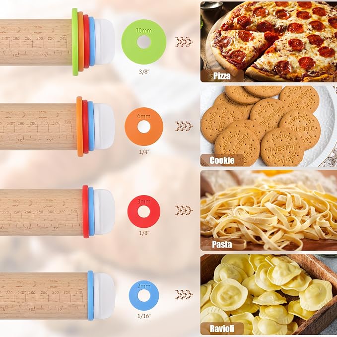 Adjustable Rolling Pin with Thickness Rings, Wood Dough Roller | natural beech wood, 8 plastic thickness rings, double-sided wooden stand, 17/14 inch, for pizza pasta cookies fondant clay
