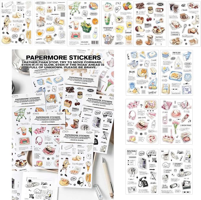 Maxleaf 12Sheets Vintage Adhesive Stickers for Scrapbook Decoration, Retro Foods Bread Fruits Bagel Convenience Store Stickers for Daily Life Diary Album Decoration