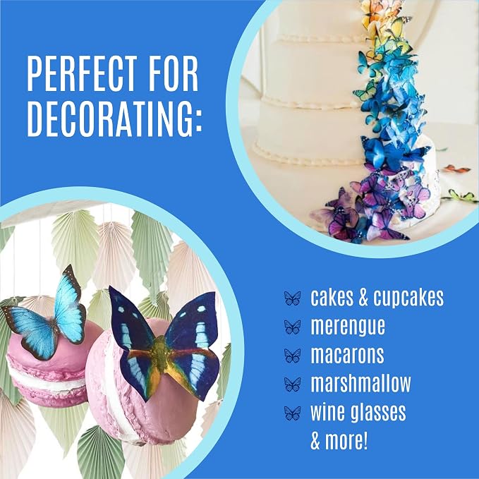 Sugar Robot Inc. Edible Butterflies for Cake Decorating - Assorted Sizes, Premium Crafted in the USA - Butterfly Cake Toppers & Cupcake Decorations (Blue)