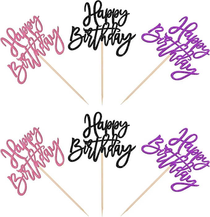 24 PCS Happy Birthday Cupcake Toppers Glitter Happy Birthday Cupcake Picks for Celebrating Anniversary Theme Party Cake Decorations Supplies Black Purple Pink