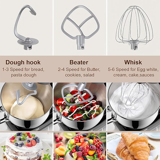 Electric Stand Mixer with LED Display & Timer 6.5QT Bowl Stainless Steel, 1350W 6-Speeds Kitchen Stand Up Mixer for Baking Cakes Cookie Bread Salad Food with Egg Whisk, Dough Hook, Beater