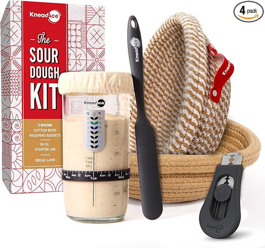 KneadAce Sourdough Starter Kit – 24oz Starter Jar, 2 Cotton Rope Banneton Proofing Baskets, Magnetic Bread Lame for Scoring – Gift for Bakers & Complete Sourdough Bread Baking Set