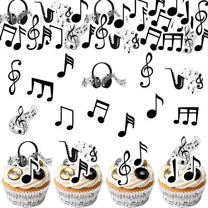 64PCS Edible Musical Notes Cupcake Toppers Wafer Paper Black Music Symbol Cake Picks Music Concert Cake Topper Edible Musical Cupcake Picks for Concert Theme Party Decor