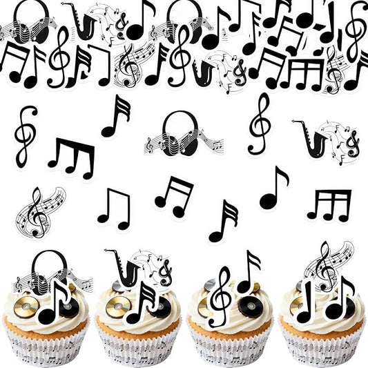 64PCS Edible Musical Notes Cupcake Toppers Wafer Paper Black Music Symbol Cake Picks Music Concert Cake Topper Edible Musical Cupcake Picks for Concert Theme Party Decor