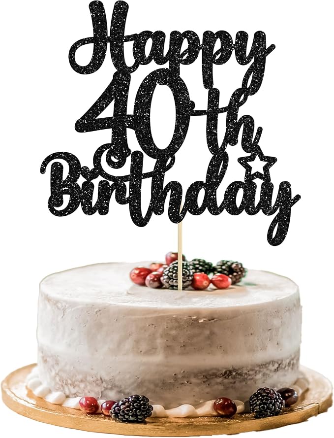 Gyufise 1Pc Happy 40th Birthday Cake Topper Glitter Cheers to 40 Years Old 40th Birthday Cake Pick for Celebrating 40th Birthday Anniversary Party Cake Decorations Supplies Black