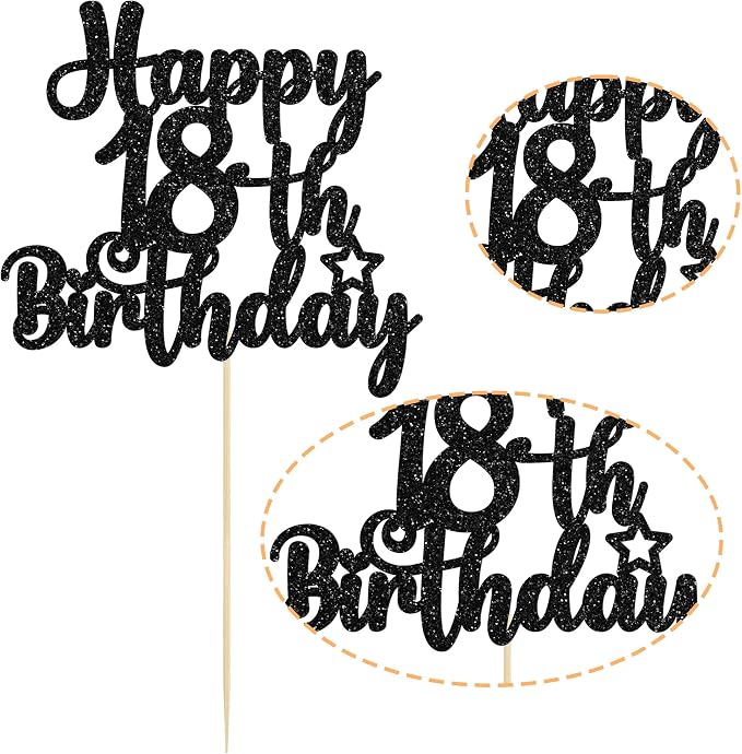 Gyufise 1Pc Happy 18th Birthday Cake Topper Glitter 18 & Fabulous Cheers to 18 Years Old Birthday Cake Pick for Celebrating 18th Birthday Party Cake Decorations Supplies Black