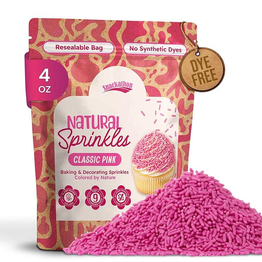 Snackathon Natural Sprinkles for Baking & Decorating, Dye-Free Pink Sprinkles, 4 oz Jimmies in Resealable Bag - Naturally Colored, No Artificial Dyes, Gluten-free for Cakes, Ice Cream & Desserts