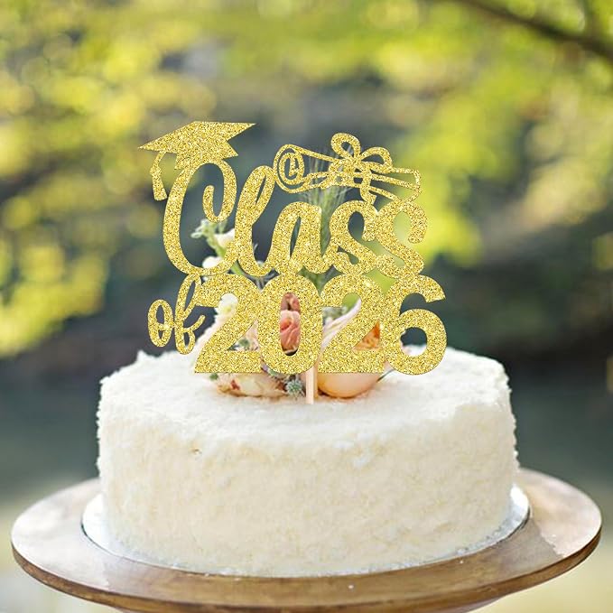 1 Pack Class of 2026 Cake Topper Glitter Congrats 2026 Graduation Cake Pick for Graduation Grad 2026 Theme Boys Girls Graduate Party Cake Decorations Supplies Gold