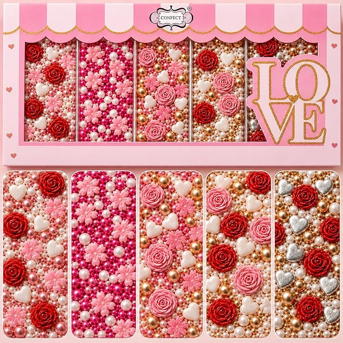 Confect Sprinkle Pink Mini Roses & Lips I Silver Hearts & Vermcelli and White Pearls | Sprinkles for Baking & Cake Decorative | Baby Shower Sprinkles | Vegan, Gluten-Free, Nut-Free, Soy-Free, Dairy-Free , Handcrafted Sprinkle - 5 Oz