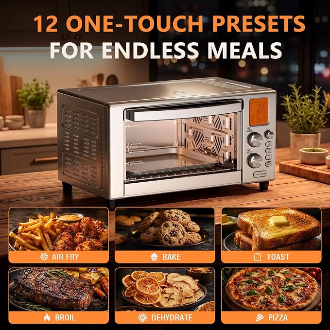 Electactic 1500W Air Fryer Toaster Oven Combo, Stainless Steel Countertop Convection Oven, Versatile Rotisserie Oven with Dehydrator, Fits 12" Pizza, 6 Adjustable Shelves, Digital LCD, Slow Cook
