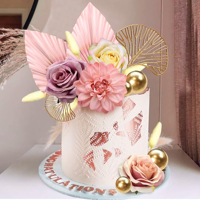Boho Cake Topper Flower Cake Topper Pink Palm Leaves Cake Decorations with Artificial Rose Ginkgo Leaves and Balls for Wedding Birthday Boho Flower Themed Supplies (Pink)