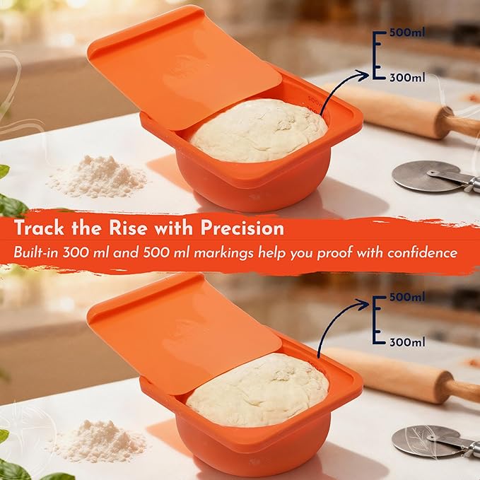 Yellow 2 Pack 500ml Pizza Dough Proofing Containers With Lids - Silicone Pizza Dough Proofing Box With Built-In Dough Cutter and Measurement Marks, Stackable, Dishwasher, Fridge & Freezer Safe