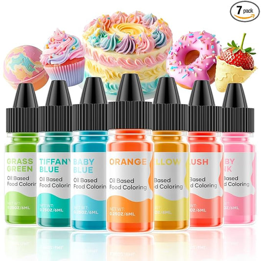 Cherrysea Oil Based Food Coloring for Chocolate Macaron Oil Edible Food Dye Set for Halloween Baking Royal Icing Cookie Supplies Gluten Free 7x6ml Food Grade Food Color Kit, 0.25 Fl. Oz/Bottles