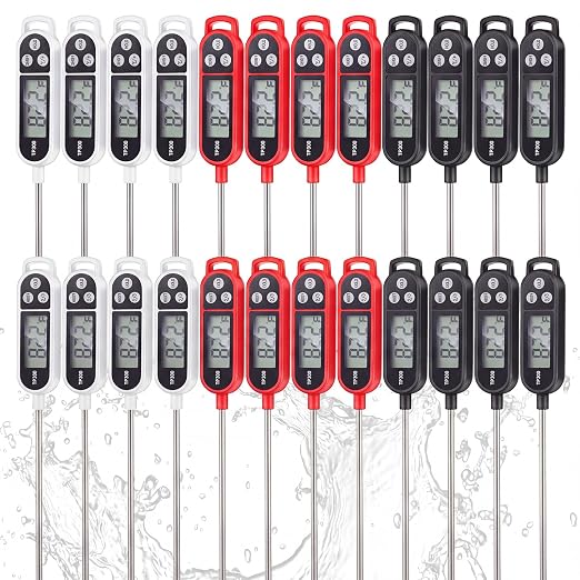 Copkim Instant Read Meat Thermometer with Long Probe 9.65 Inch Kitchen Cooking Food Candy Waterproof Digital Thermometer for BBQ Water Milk Yogurt Liquid (Square Ring,Black, White, Red,24 Pcs)