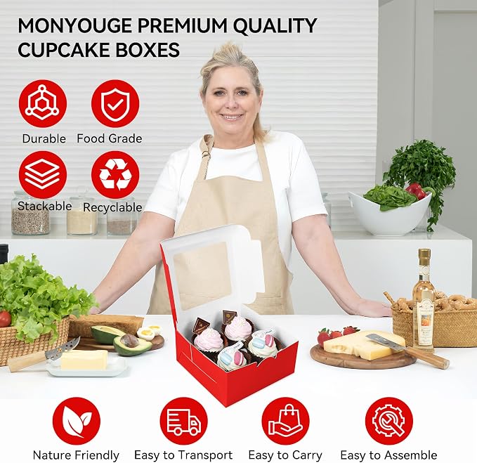 50-Set Cupcake Boxes Bulk with Clear Display Window Hold 4 Standard Cupcakes, Disposable Food Grade Red Cupcake Carrier Cupcake Container, Perfect for Cupcakes Muffins Cookies Pastries