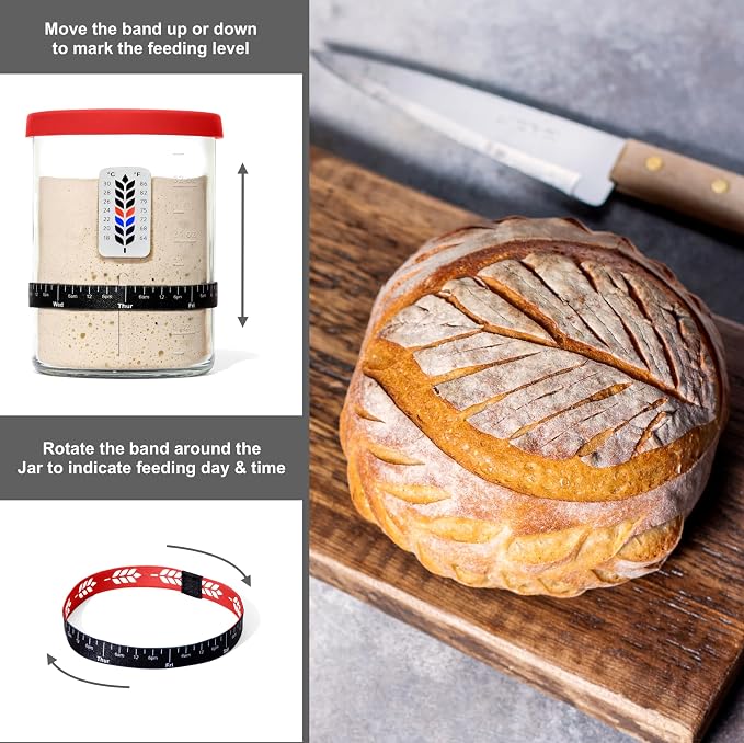 Premium Sourdough Starter Jar - 40oz Large Sourdough Jar with Marked Feeding Band, Scraper, Cloth Cover and Silicone Lid/Base, Wide Mouth Starter Kit - Red