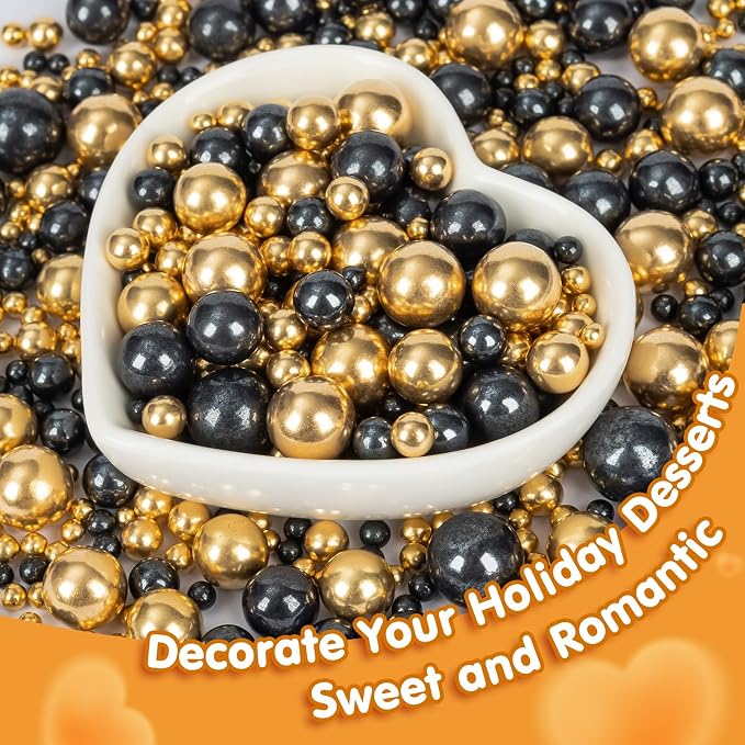 Edible Pearl Sprinkles for Cake Decorating,130g Black and Gold Candy Sprinkle Mixing Size,Baking Pearls Cake Cupcake Toppers,Cookie Donuts Ice Cream Decorations,Wedding Birthday Party Supplies